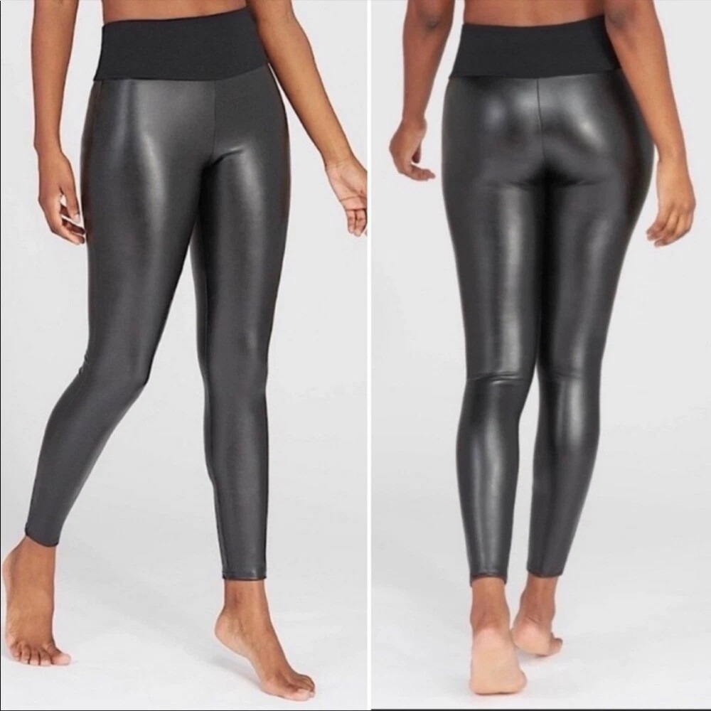 Assets by Spanx L Faux Leather Shaping Leggings Black High Rise